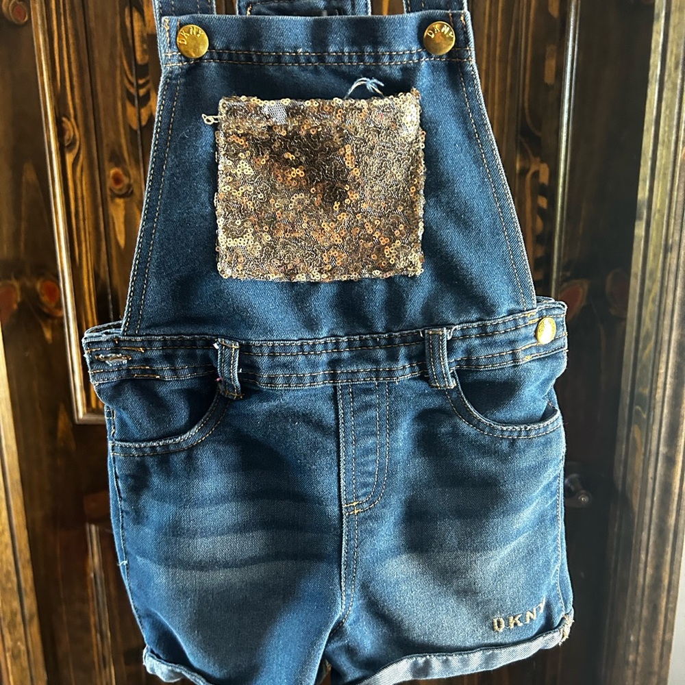 DKNY Blue Denim Overalls with Gold Sequin Accent
